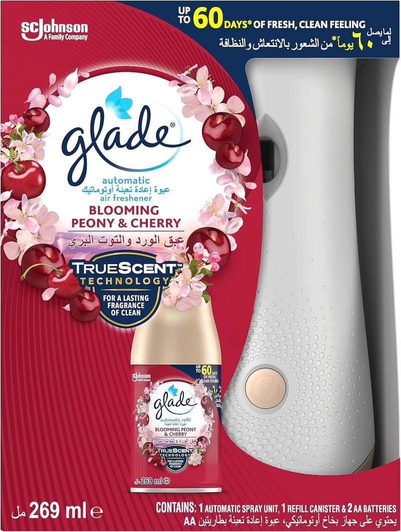 Glade Gulf mainstream practical design Glade Automatic Air Freshener Spray Holder with Scented Blooming Peony & Cherry Refill Starter Kit, 269 ml Different assemble options - Image 1