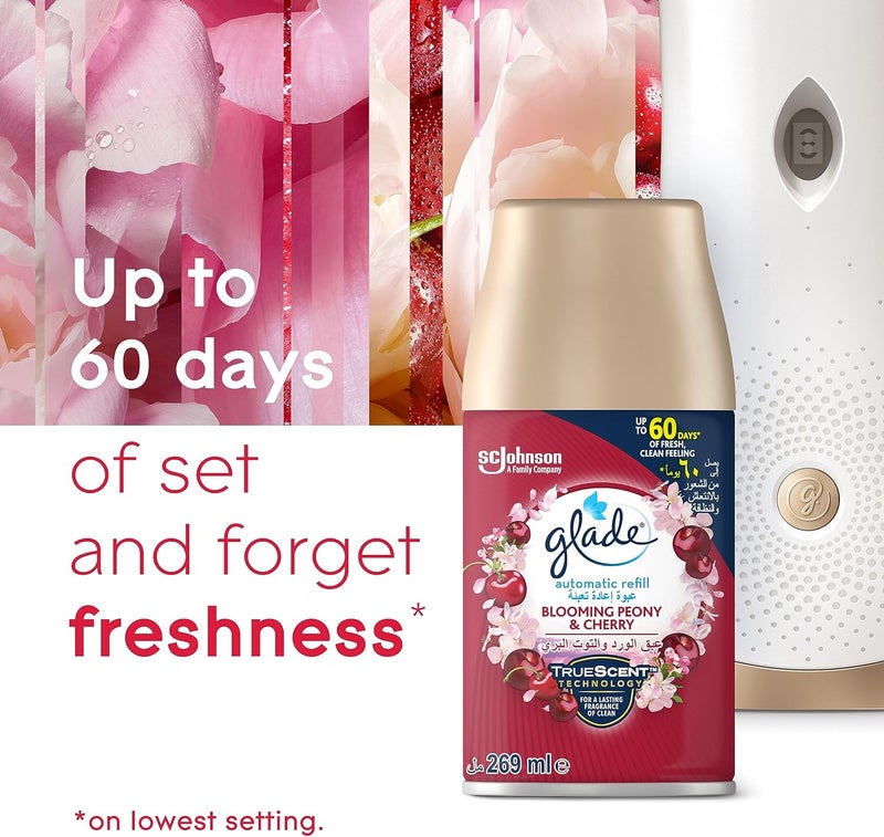 Glade Gulf mainstream practical design Glade Automatic Air Freshener Spray Holder with Scented Blooming Peony & Cherry Refill Starter Kit, 269 ml Different assemble options - Image 4