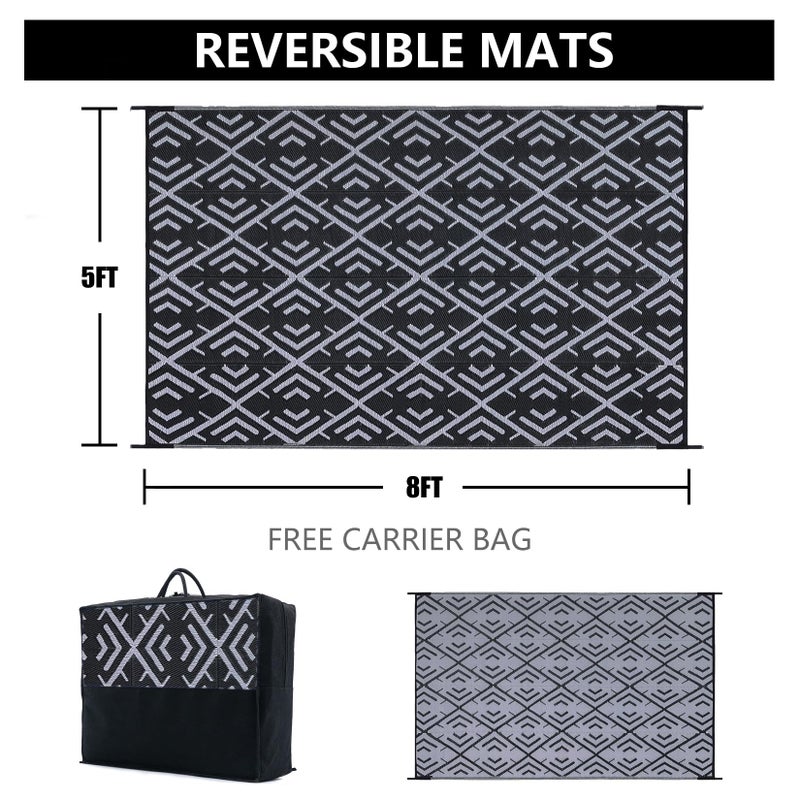 HUGEAR Outdoor Plastic Straw Rug, Waterproof Outdoor Rugs for Patios Clearance, Reversible Area Rug, Large Outside Carpet for Camping, Balcony, RV, Deck, Picnic, Beach (5x8ft Boho/Black&Grey) - Image 2