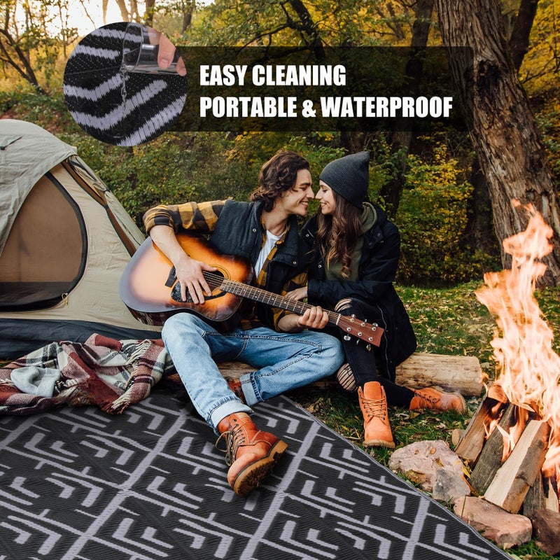 HUGEAR Outdoor Plastic Straw Rug, Waterproof Outdoor Rugs for Patios Clearance, Reversible Area Rug, Large Outside Carpet for Camping, Balcony, RV, Deck, Picnic, Beach (5x8ft Boho/Black&Grey) - Image 3
