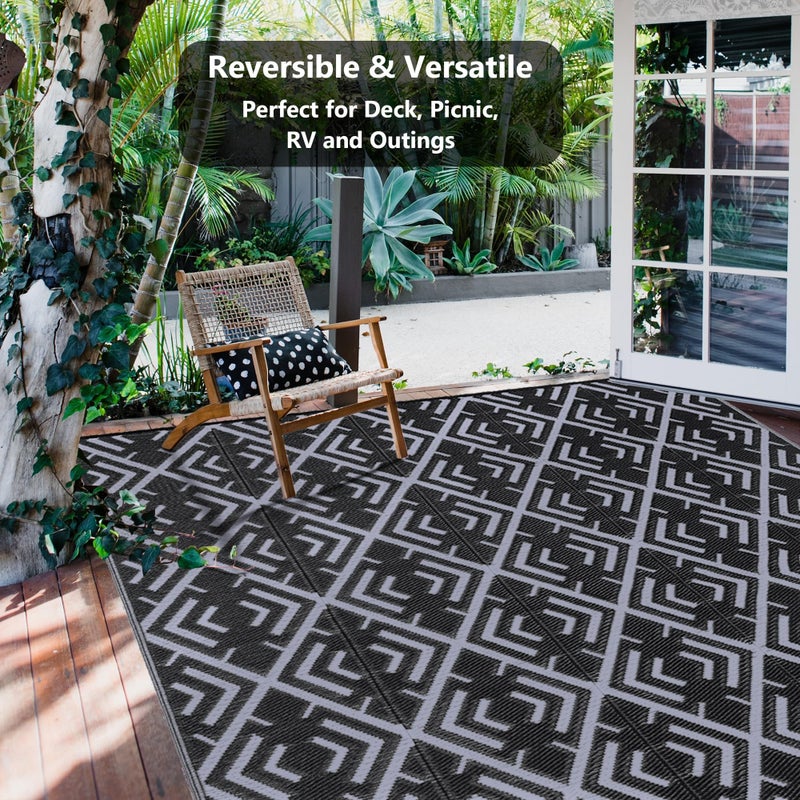 HUGEAR Outdoor Plastic Straw Rug, Waterproof Outdoor Rugs for Patios Clearance, Reversible Area Rug, Large Outside Carpet for Camping, Balcony, RV, Deck, Picnic, Beach (5x8ft Boho/Black&Grey) - Image 4