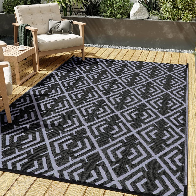 HUGEAR Outdoor Plastic Straw Rug, Waterproof Outdoor Rugs for Patios Clearance, Reversible Area Rug, Large Outside Carpet for Camping, Balcony, RV, Deck, Picnic, Beach (5x8ft Boho/Black&Grey) - Image 1