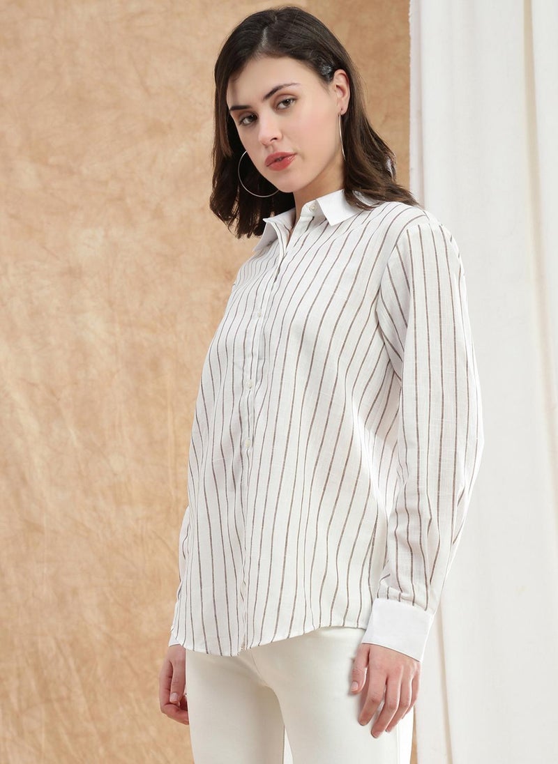 Globus Women Brown Striped Spread Collar Cuffed Sleeve Workwear Shirt - Image 3