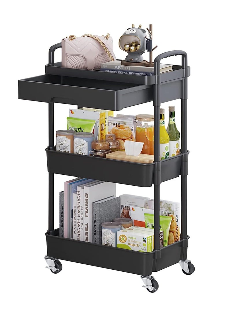TRASSLE 3-Tier Rolling Utility Cart with Drawer,Multifunctional Storage Organizer with Plastic Shelf & Metal Wheels,Storage Cart for Kitchen,Bathroom,Living Room,Office,White  - Image 1
