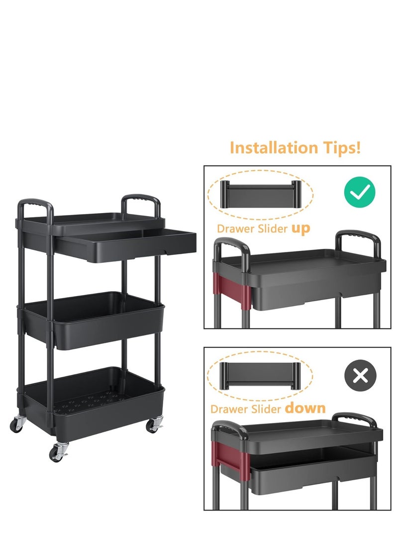 TRASSLE 3-Tier Rolling Utility Cart with Drawer,Multifunctional Storage Organizer with Plastic Shelf & Metal Wheels,Storage Cart for Kitchen,Bathroom,Living Room,Office,White  - Image 3
