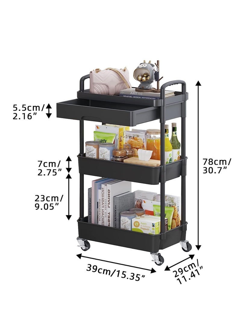TRASSLE 3-Tier Rolling Utility Cart with Drawer,Multifunctional Storage Organizer with Plastic Shelf & Metal Wheels,Storage Cart for Kitchen,Bathroom,Living Room,Office,White  - Image 2