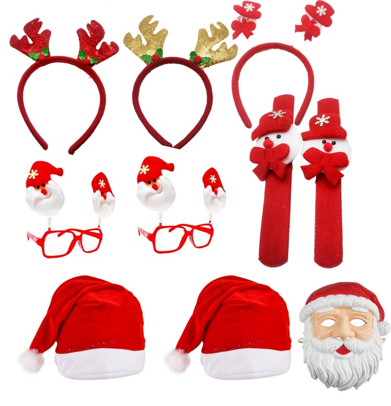 brown leaf brown leaf Combo of Christmas Accessories Santa Eye Glasses Hair Band Santa Face Mask Wrist Band and Santa Cap Combo Pack for Party Props (Combo Pack 4 Cap 4 Band 4 Glasses 4 Hair Band 4 Mask) - Image 1