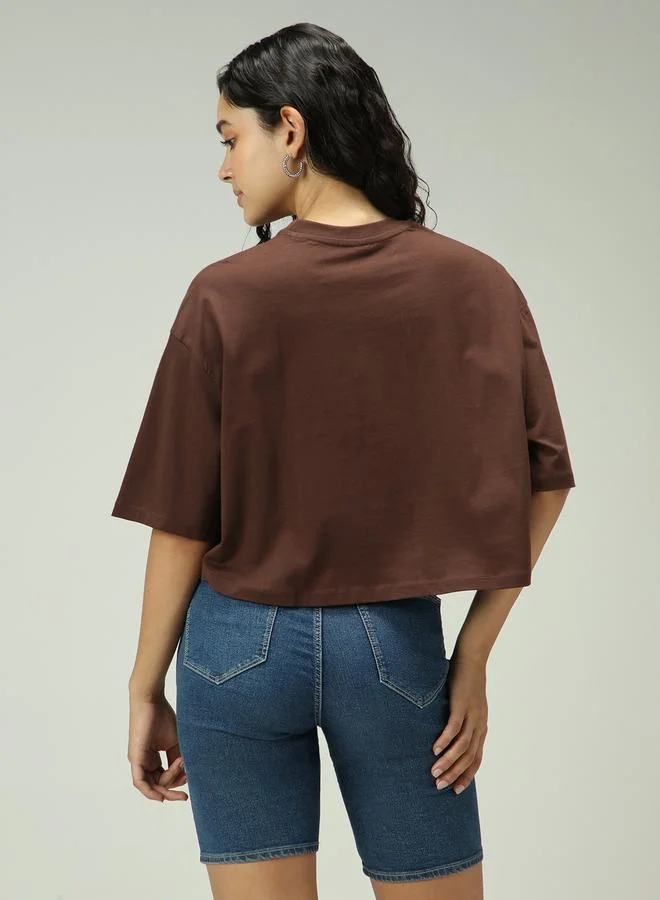 Outzidr  Brown Graphic Boxy Crop T-Shirt for Women | Best Price UAE