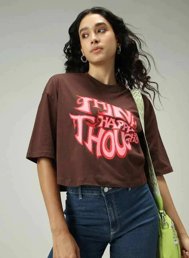 Outzidr  Brown Graphic Boxy Crop T-Shirt for Women | Best Price UAE