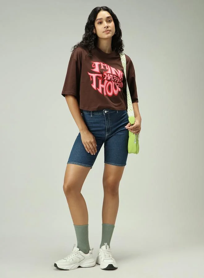 Outzidr  Brown Graphic Boxy Crop T-Shirt for Women | Best Price UAE