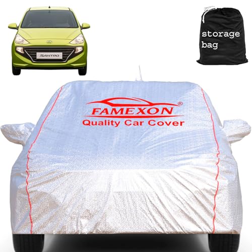 FAMEXON Waterproof Car Body Cover with Mirror Pocket Compatible for Santro Triple Layer Inner Fabric & Pipein Design Protects from Animals, Heat, Rainfall (Metallic Silver) - Image 1