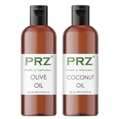 PRZ Combo of Extra Virgin Olive Oil & Coconut Oil, 100% Pure Cold Pressed Oil for Hair, Skin and Body Massage (200ML Each) - Image 1