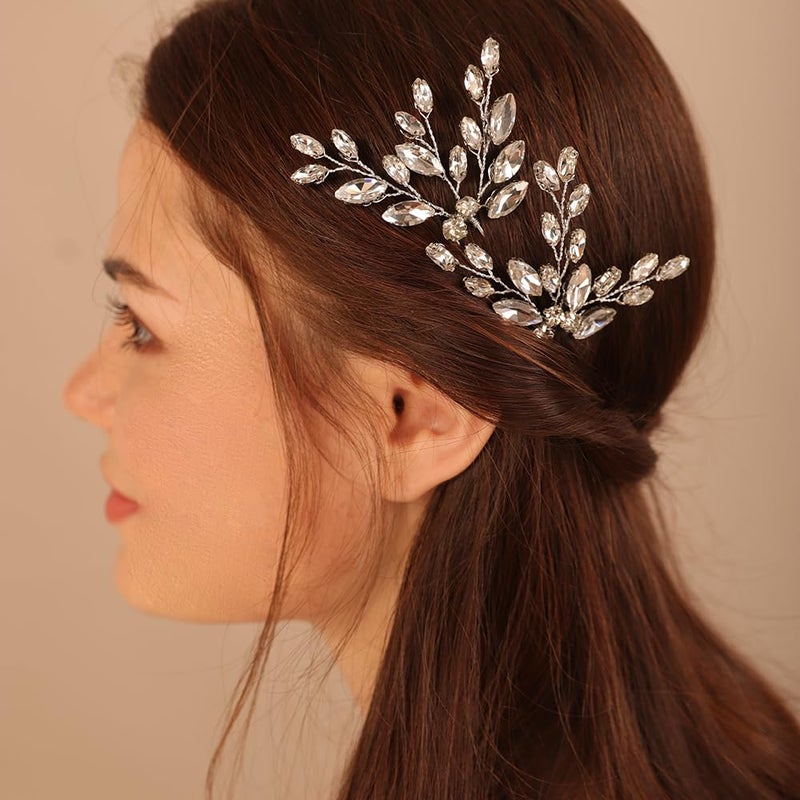 BERYUAN Bridal Crystal Rhinestone Hair Pins Teardrop Rhinestone Hair Piece Wedding Headband Bride Hair Accessories for Wedding Women and Girls2PCS SILVER
