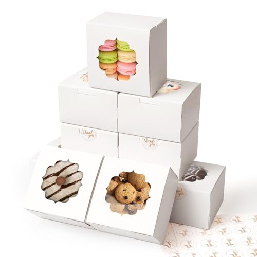 Shallive 4-Inch Small Cookie Boxes 50 Pcs White - Bakery Treat Boxes with Window for Gifting, To-go Containers for Cake Slice, Macarons, Donuts 4x4x2.5 - Image 1