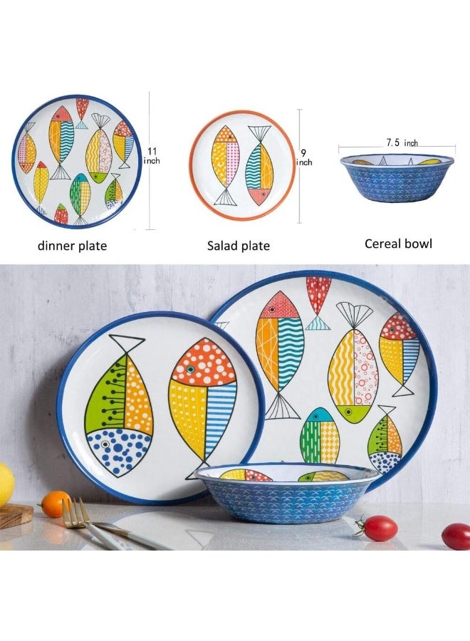 Gofunfun Melamine Dinnerware set for 4 Plates and Bowls Sets Great for Camper RV Indoors Outdoors Use with Ocean Printed Unbreakable - Image 2