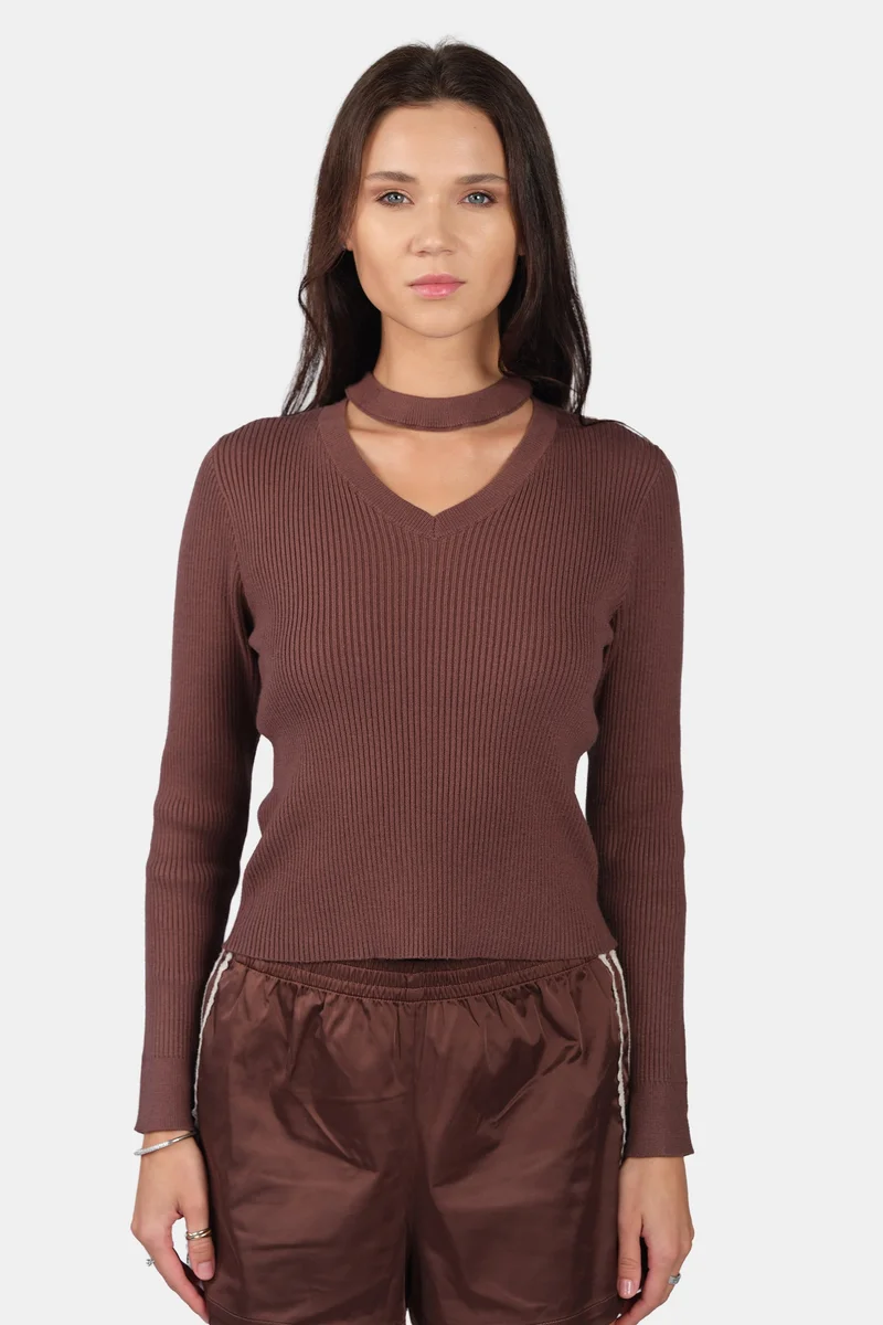 فيرجيو Self Design Viscose Cut Out V Neck Full Sleeve Knit Top for Women