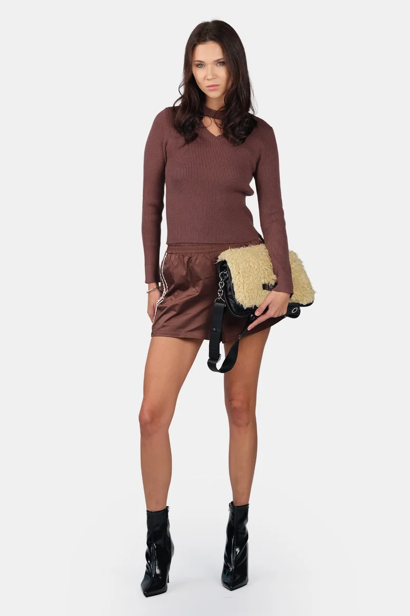 فيرجيو Self Design Viscose Cut Out V Neck Full Sleeve Knit Top for Women