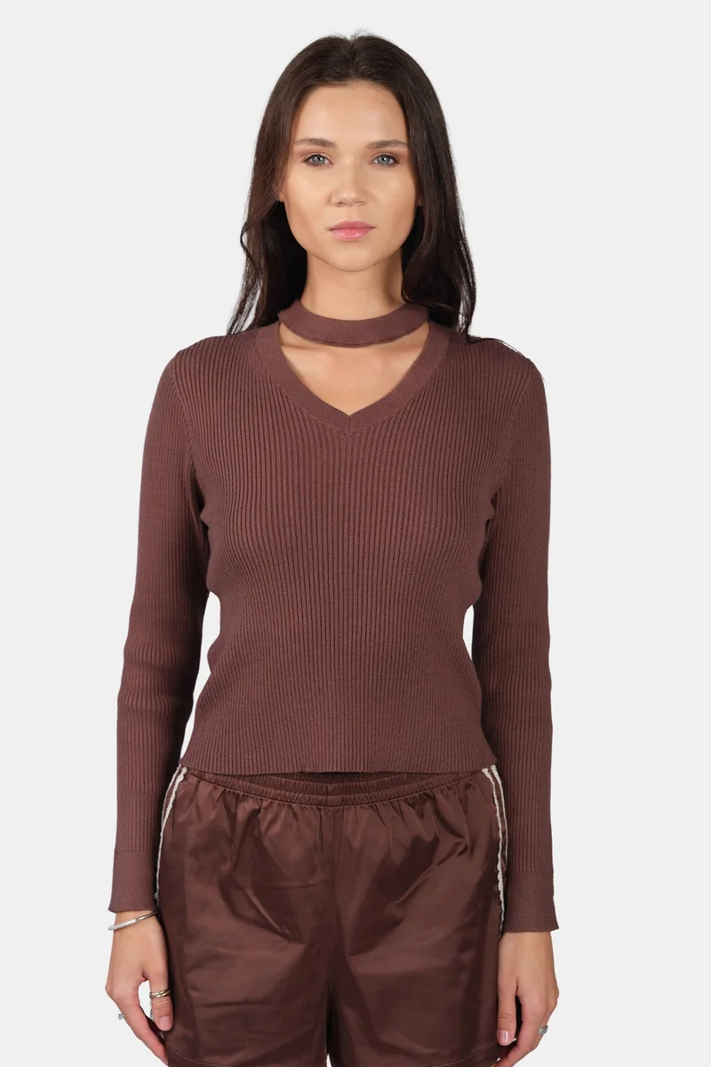 فيرجيو Self Design Viscose Cut Out V Neck Full Sleeve Knit Top for Women