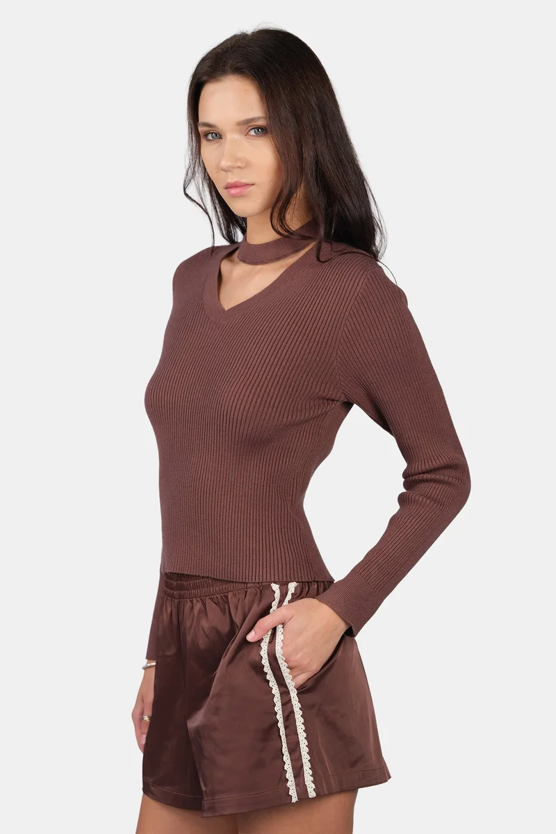 Virgio  Self Design Viscose Cut Out V Neck Full Sleeve Knit Top for Women for Women | Best Price UAE