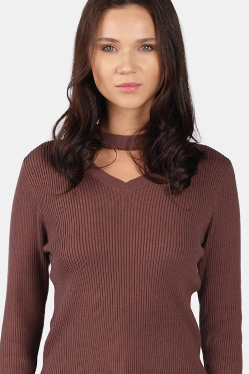 Virgio  Self Design Viscose Cut Out V Neck Full Sleeve Knit Top for Women for Women | Best Price UAE