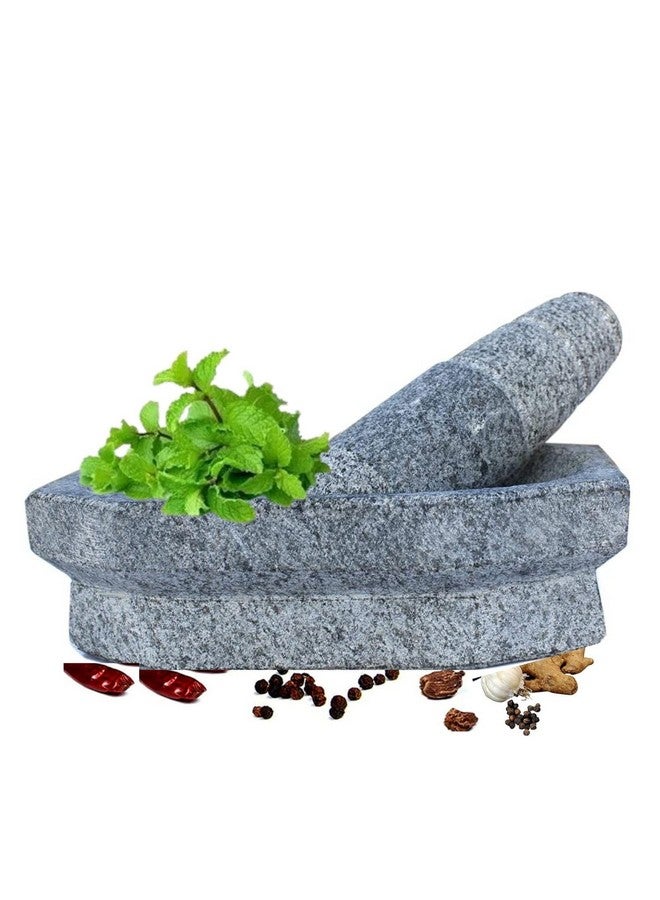 Subaa Kalvam Stone Mortar and Pestle Set Masher Khalbatta Kharal Musal for Kitchen Home Herbs and Spices -8Inch Grey - Image 1