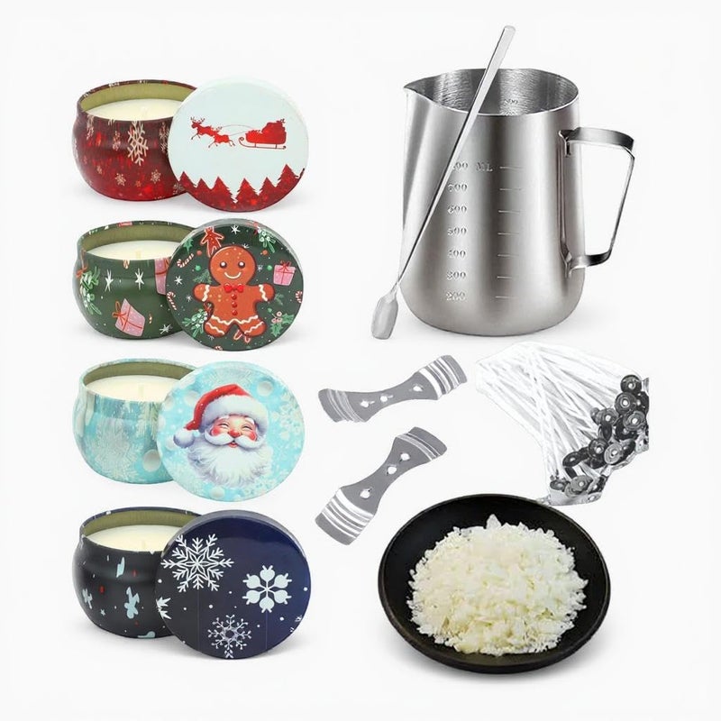 AURA DECOR AuraDecor Complete Candle Making Kit | 500g Soy Wax, 800ml Pouring Kettle, 4 Christmas Tins, 10 Wicks, 1 Wick Holder & Stirring Spoon | DIY Gift Set for Beginners - Image 5