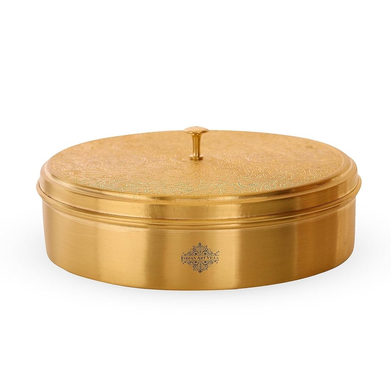 INDIAN ART VILLA Brass Handmade Masala Box Dabba Spice Container With Embossed Lid 7 Compartments Diameter 72 Inch Gold - Image 5