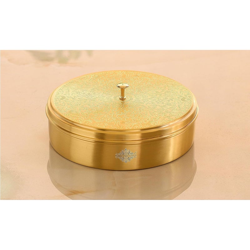 INDIAN ART VILLA Brass Handmade Masala Box Dabba Spice Container With Embossed Lid 7 Compartments Diameter 72 Inch Gold - Image 1