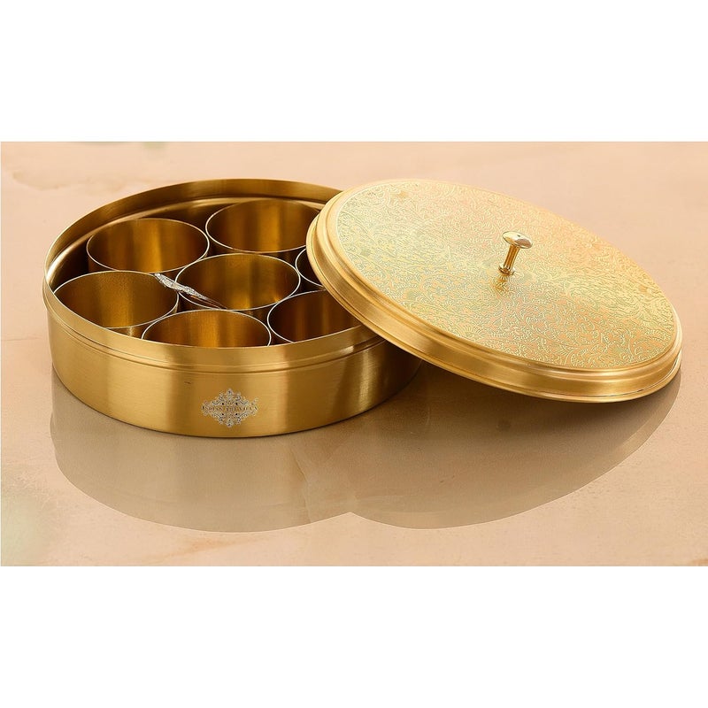 INDIAN ART VILLA Brass Handmade Masala Box Dabba Spice Container With Embossed Lid 7 Compartments Diameter 72 Inch Gold - Image 2