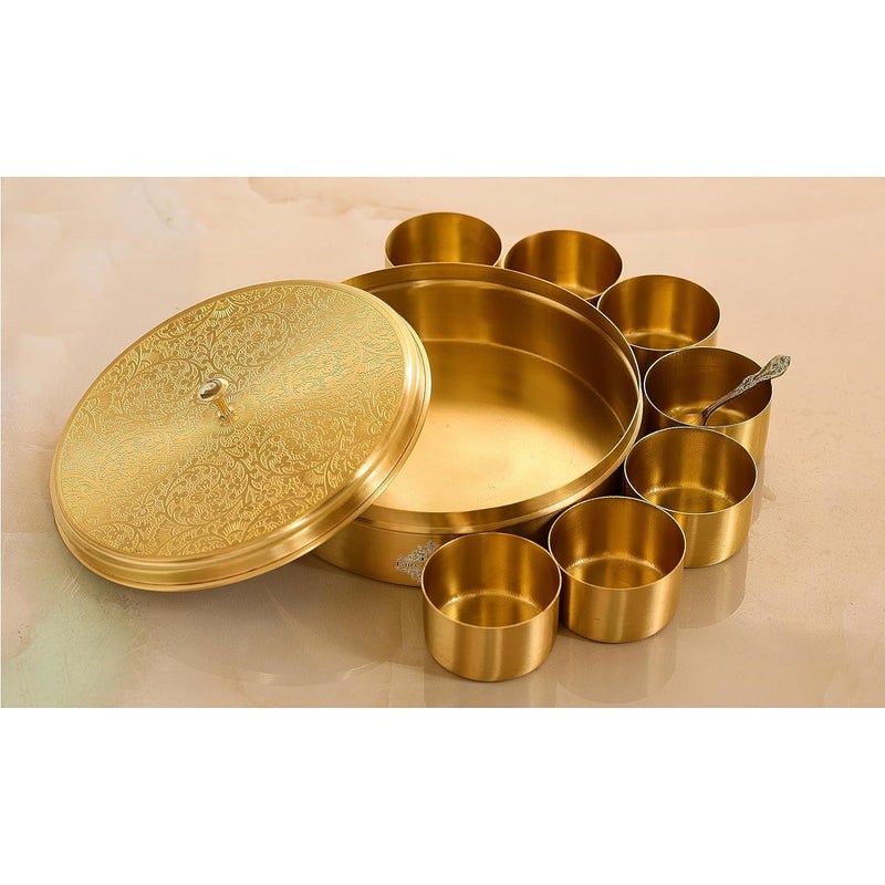 INDIAN ART VILLA Brass Handmade Masala Box Dabba Spice Container With Embossed Lid 7 Compartments Diameter 72 Inch Gold - Image 3
