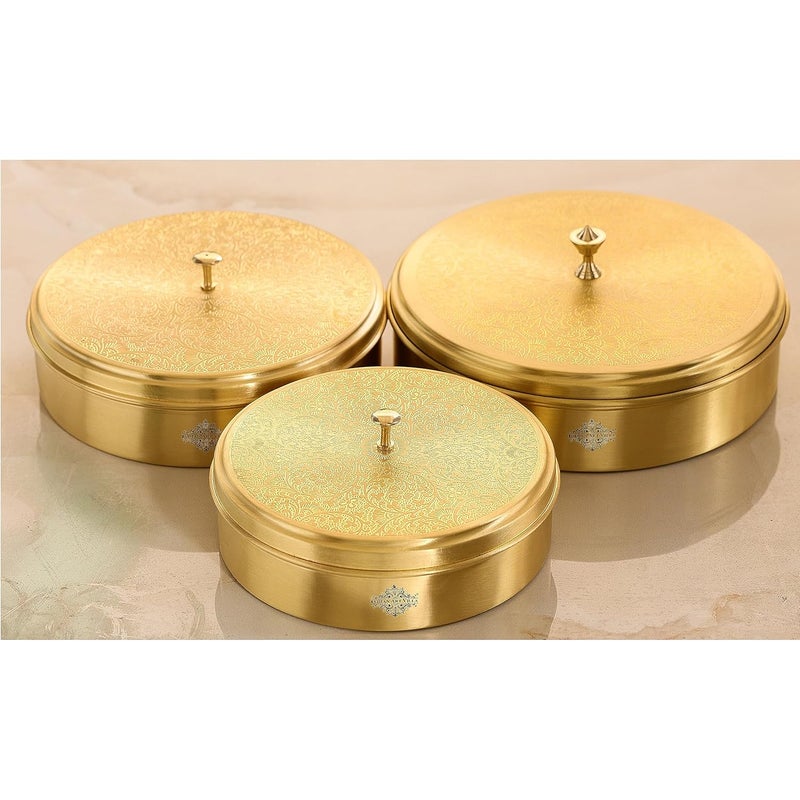INDIAN ART VILLA Brass Handmade Masala Box Dabba Spice Container With Embossed Lid 7 Compartments Diameter 72 Inch Gold - Image 4