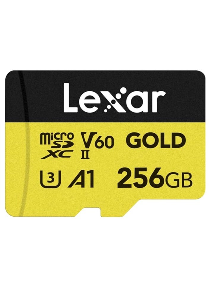 ليكسار Gold Micro SD Card 256GB, microSDXC UHS-II Memory Card, V60, U3, A1, C10 microSD Card, Up to 280MB/s Read Speed, for Drone/Action Camera/UHS-II Gaming Device (LMSGOLD256G-BNNG) - Image 1