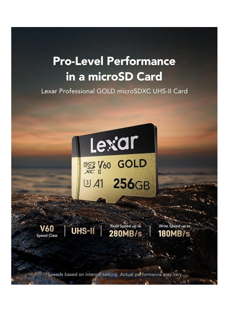 ليكسار Gold Micro SD Card 256GB, microSDXC UHS-II Memory Card, V60, U3, A1, C10 microSD Card, Up to 280MB/s Read Speed, for Drone/Action Camera/UHS-II Gaming Device (LMSGOLD256G-BNNG) - Image 2