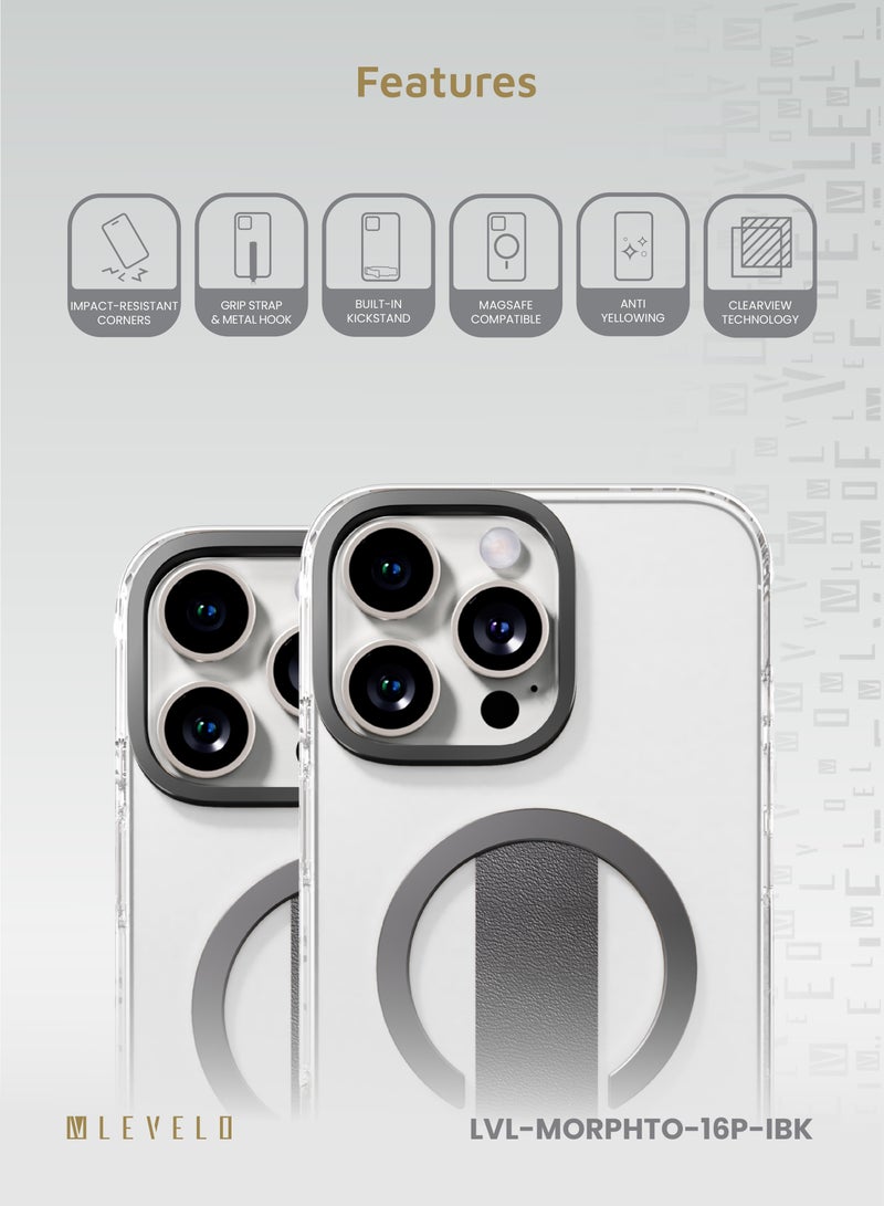 LEVELO iPhone 16 Pro Case Morphix Trio / Impact-Resistant Corners / Built-In Kickstand / Clearview Technology / Anti Yellowing / Grip Strap & Metal Hook / MagSafe Compatible - Ink Black - Image 2