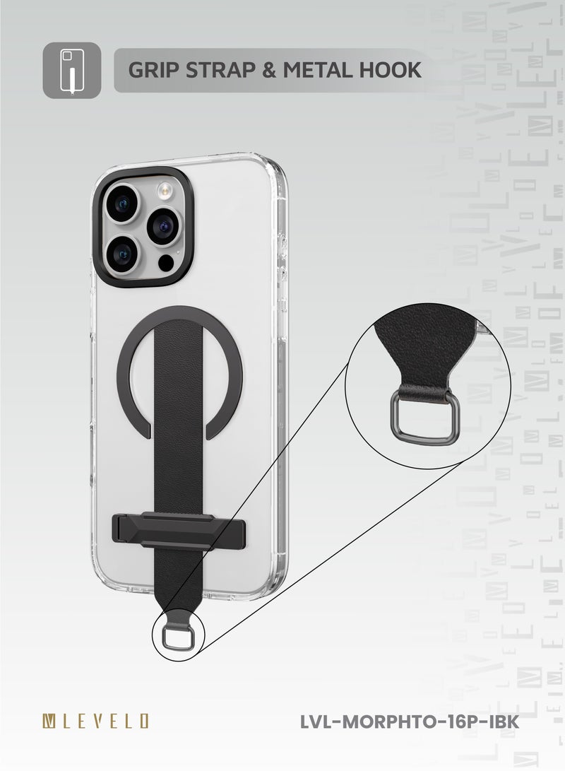 LEVELO iPhone 16 Pro Case Morphix Trio / Impact-Resistant Corners / Built-In Kickstand / Clearview Technology / Anti Yellowing / Grip Strap & Metal Hook / MagSafe Compatible - Ink Black - Image 4