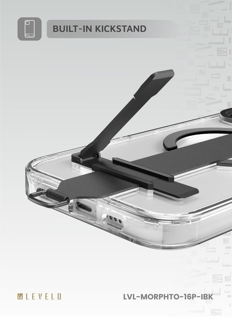 LEVELO iPhone 16 Pro Case Morphix Trio / Impact-Resistant Corners / Built-In Kickstand / Clearview Technology / Anti Yellowing / Grip Strap & Metal Hook / MagSafe Compatible - Ink Black - Image 5