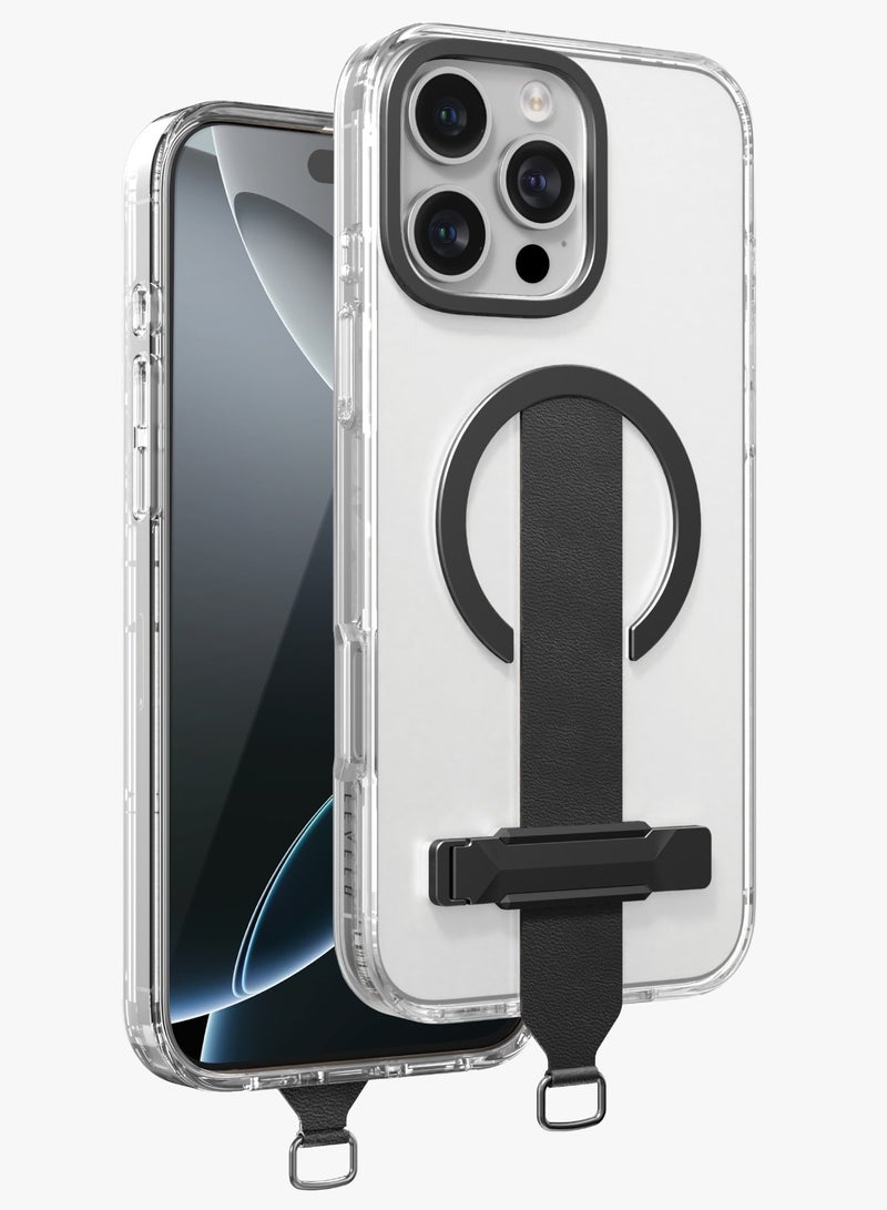 LEVELO iPhone 16 Pro Case Morphix Trio / Impact-Resistant Corners / Built-In Kickstand / Clearview Technology / Anti Yellowing / Grip Strap & Metal Hook / MagSafe Compatible - Ink Black - Image 1