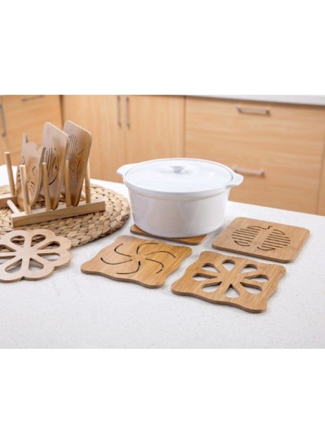 Thickened Cartoon Kitchen Table Mat Anti-slip Pot Bowl Plate Mat Wooden Cup Coaster Bamboo Texture Hollow Out Design-Color:Large Apple (with Anti-slip Mat)  - Image 3