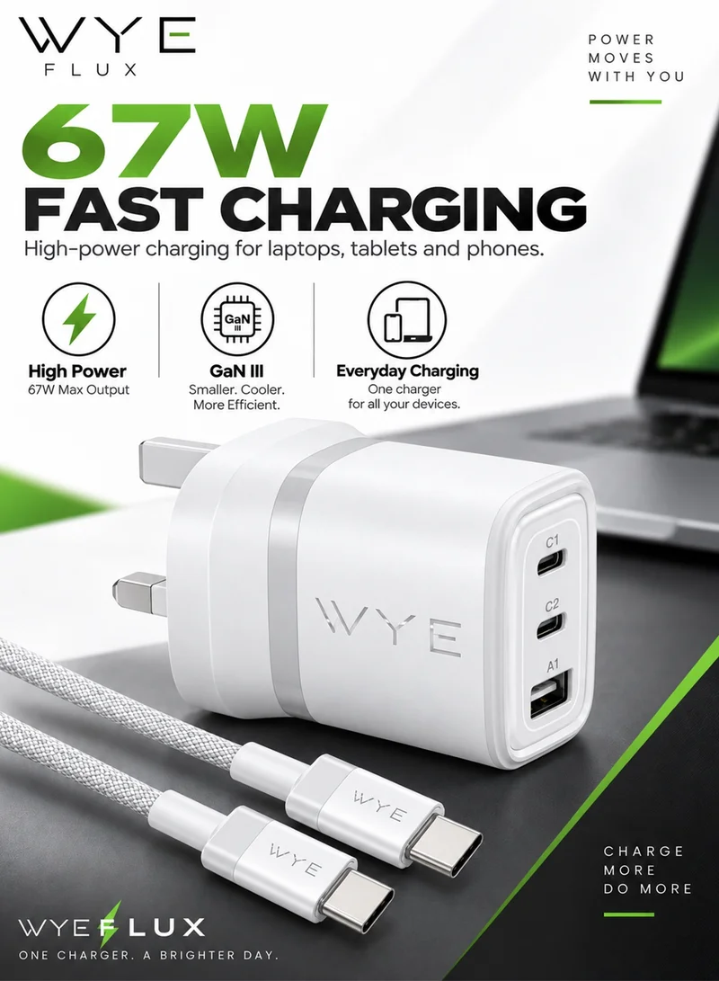 واي شاحن حائط WYE 67 واط GaN III سريع مع كابل USB-C، محول طاقة ثلاثي المنافذ (USB-C مزدوج + USB-A)، أبيض