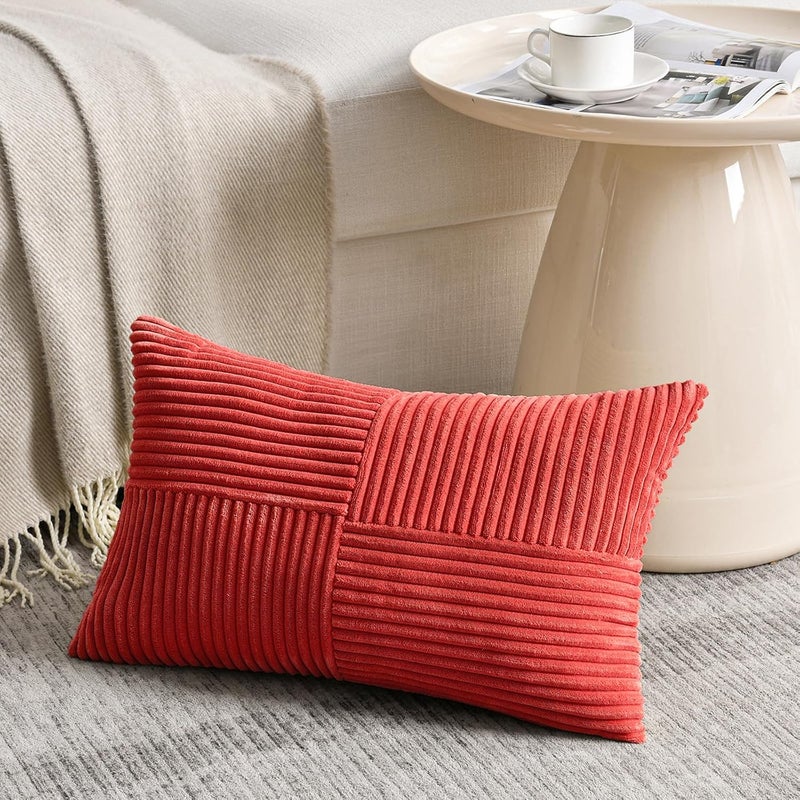Fancy Homi غطاءان وسائد زخرفية من فانسي هومي بطبعة ريفية بوهيمية باللون الترابي مقاس 18x18 بوصة للأريكة والسرير والأسرة، ديكور منزل ريفي خريفي، غطاء وسادة ناعم من قماش الكوردوروي المزخرف بتقنية الترقيع والملمس المحبب مقاس 45x45 سم - Image 2