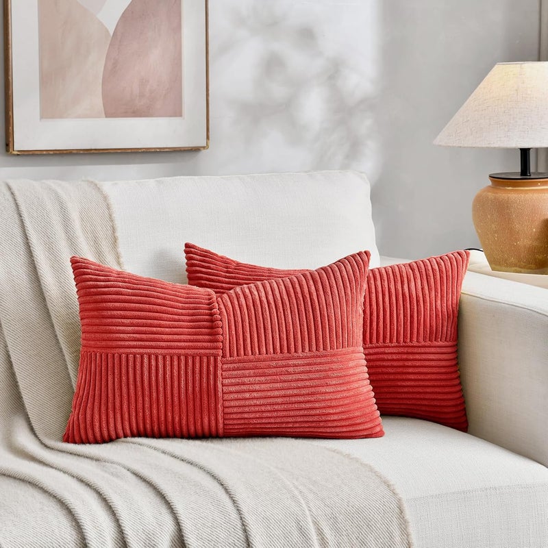 Fancy Homi غطاءان وسائد زخرفية من فانسي هومي بطبعة ريفية بوهيمية باللون الترابي مقاس 18x18 بوصة للأريكة والسرير والأسرة، ديكور منزل ريفي خريفي، غطاء وسادة ناعم من قماش الكوردوروي المزخرف بتقنية الترقيع والملمس المحبب مقاس 45x45 سم - Image 5