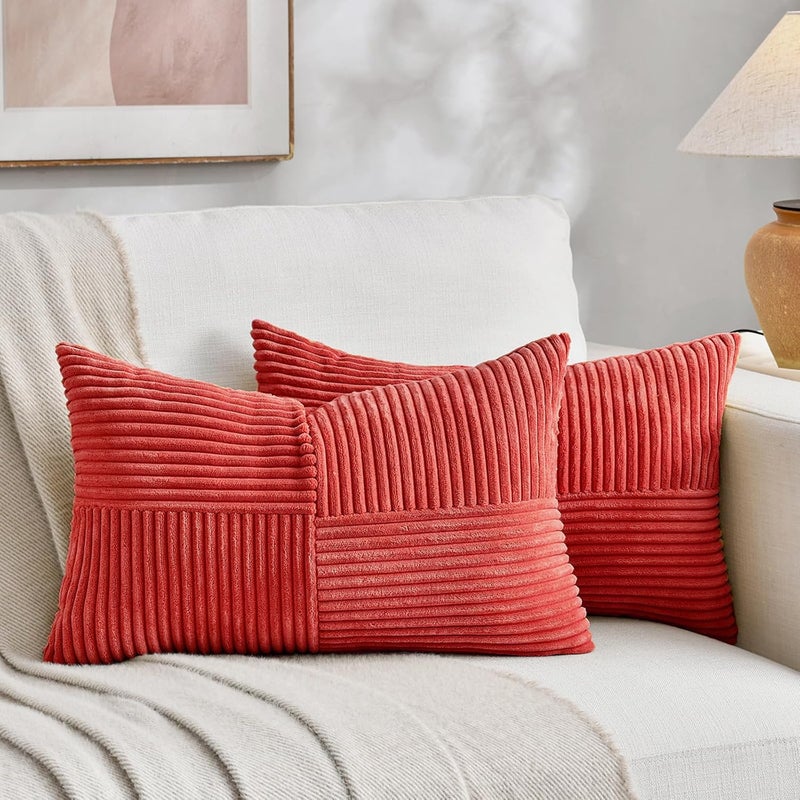 Fancy Homi غطاءان وسائد زخرفية من فانسي هومي بطبعة ريفية بوهيمية باللون الترابي مقاس 18x18 بوصة للأريكة والسرير والأسرة، ديكور منزل ريفي خريفي، غطاء وسادة ناعم من قماش الكوردوروي المزخرف بتقنية الترقيع والملمس المحبب مقاس 45x45 سم - Image 1