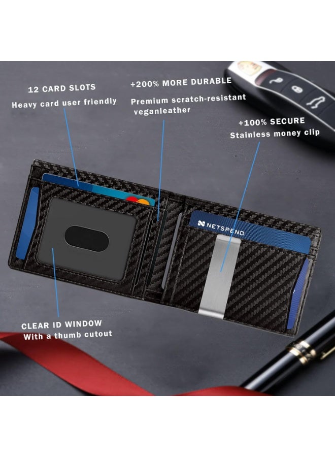 NIIMBOT Mens Slim Wallet Card Holder Wallet Gifts for Men With Money Clip 12 Card Slots Id Window Rfid Blocking Holder Minimalist Small Leather Bifold Men's Front Pocket Wallet Gift Box Mens Gifts (Black)  - Image 5