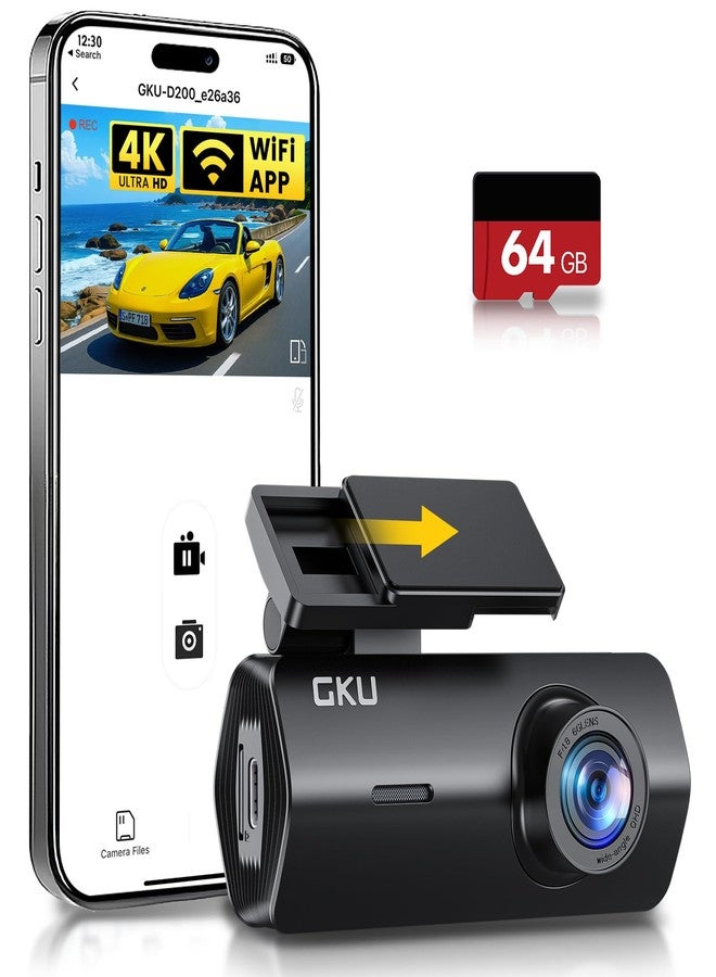 GKU 4K Dash Cam,Dash Cam Front with UHD 2160P, DashCam Built-in WiFi, 24H Parking Monitor,Night Vision,WDR,170° Wide Angle,Loop Recording,G-Sensor,DashCam Includes 64GB Card (Black) - Image 1