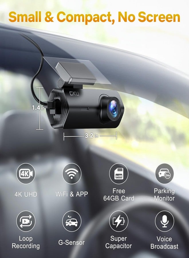 GKU 4K Dash Cam,Dash Cam Front with UHD 2160P, DashCam Built-in WiFi, 24H Parking Monitor,Night Vision,WDR,170° Wide Angle,Loop Recording,G-Sensor,DashCam Includes 64GB Card (Black) - Image 2