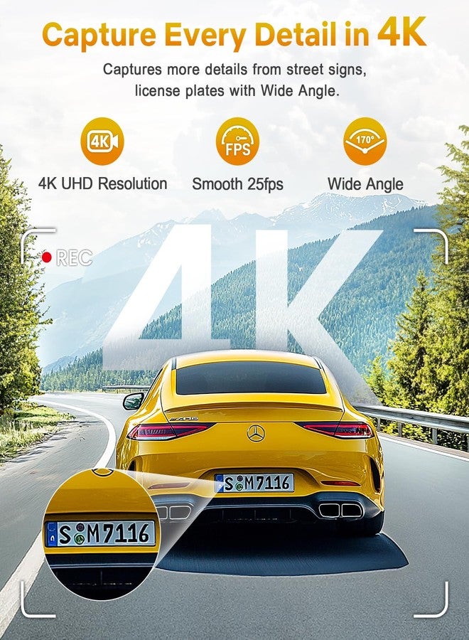 GKU 4K Dash Cam,Dash Cam Front with UHD 2160P, DashCam Built-in WiFi, 24H Parking Monitor,Night Vision,WDR,170° Wide Angle,Loop Recording,G-Sensor,DashCam Includes 64GB Card (Black) - Image 3