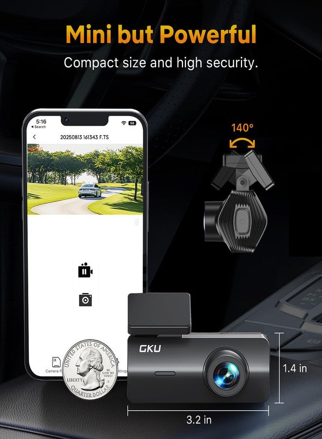 GKU 4K Dash Cam,Dash Cam Front with UHD 2160P, DashCam Built-in WiFi, 24H Parking Monitor,Night Vision,WDR,170° Wide Angle,Loop Recording,G-Sensor,DashCam Includes 64GB Card (Black) - Image 4