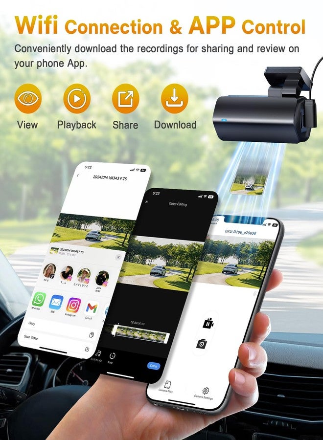 GKU 4K Dash Cam,Dash Cam Front with UHD 2160P, DashCam Built-in WiFi, 24H Parking Monitor,Night Vision,WDR,170° Wide Angle,Loop Recording,G-Sensor,DashCam Includes 64GB Card (Black) - Image 5