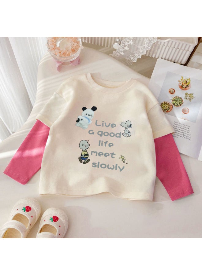 Girls' Autumn/winter Pure Cotton Long Sleeve T-shirt New Cartoon Patchwork Color Block Two-in-one Base Shirt For Older Children