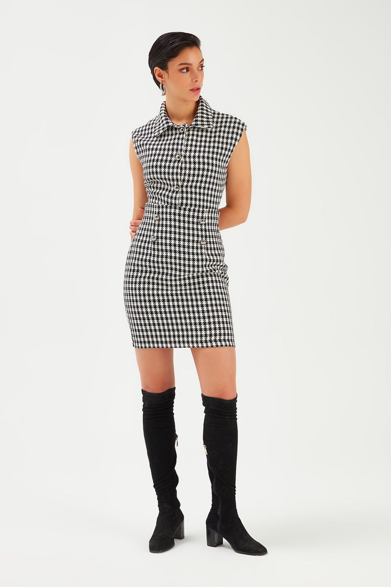 SATEEN Houndstooth Patterned Mini Skirt - Black  - Image 2